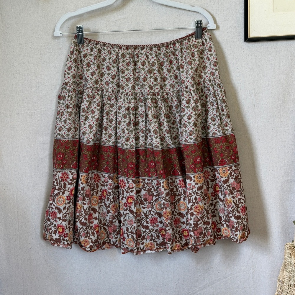Brown Floral Tiered Skirt Boho Cottagecore Vintage Large Boho Y2K Hippie Grunge